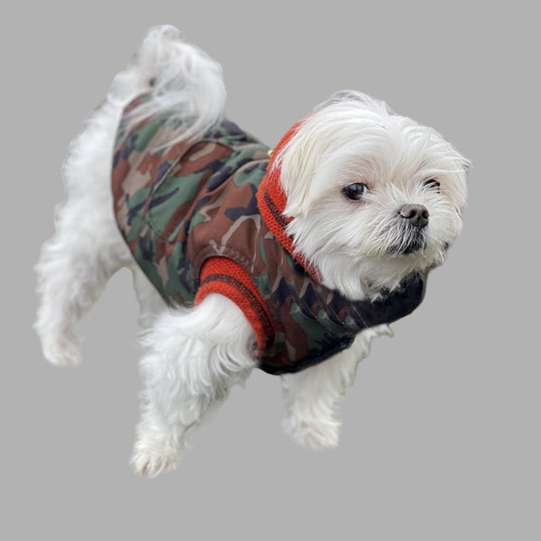 reversible puffer dog jacket camo and black, PrimaLoft insulation