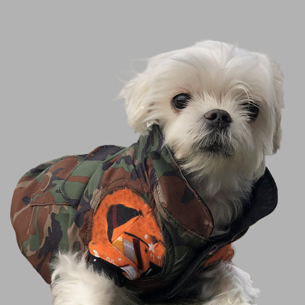 reversible puffer dog jacket camo and black, PrimaLoft insulation