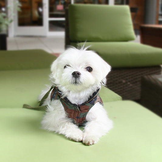 reversible puffer dog jacket camo and black, PrimaLoft insulation