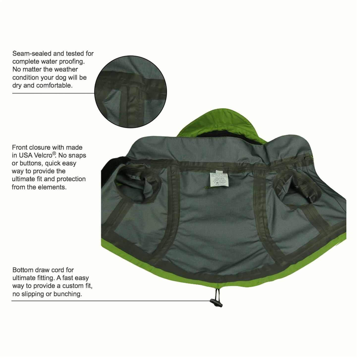 Small dog jacket green full length interior feature detail