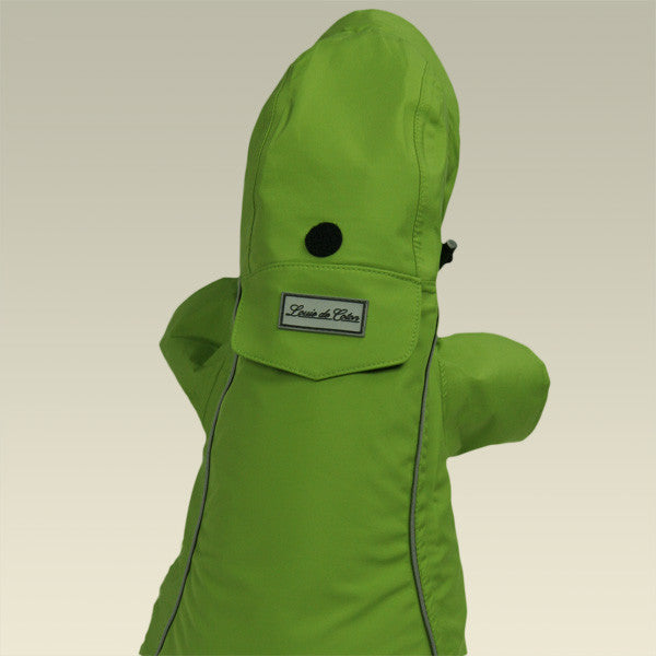 Small dog jacket green full length rear view extended hood