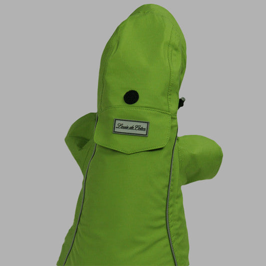 Small dog jacket green full length rear view extended hood